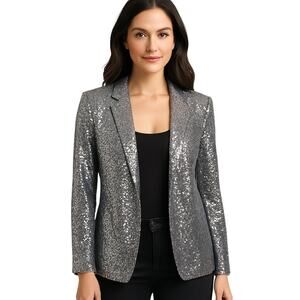Bobeau Women Silver Sequin Open Front Blazer Jacket Size L Shimmer Sparkly Party